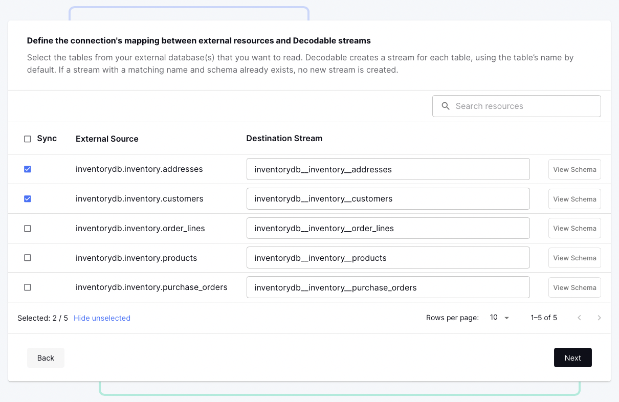 Selecting source tables in Decodable