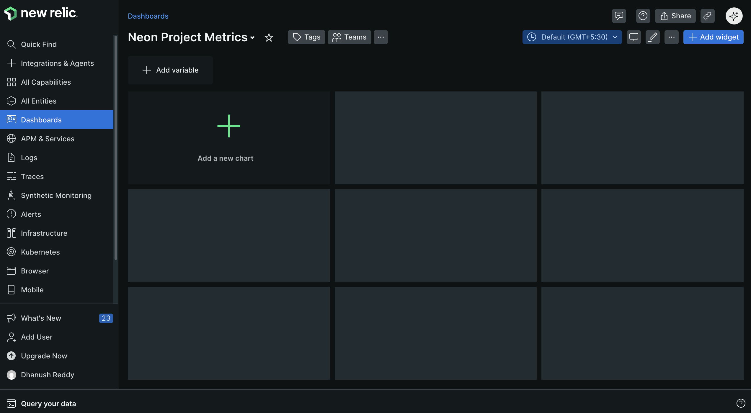 New Relic dashboard with Add a new chart button